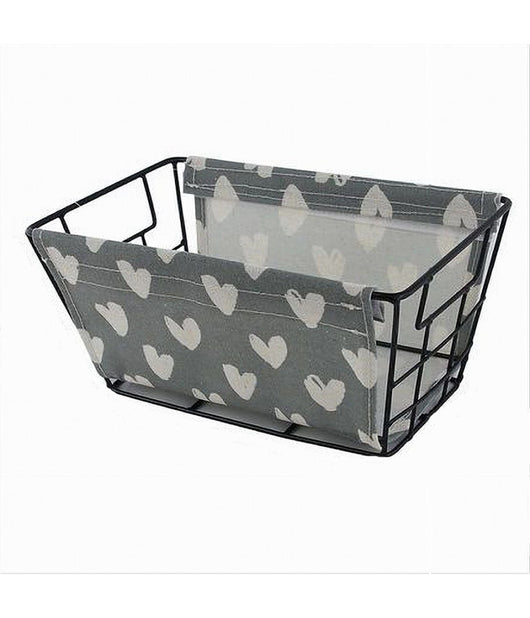 Cesto Porta Oggetti In Ferro Tessuto Stampa A Cuori Con Manici 25x15x12 Cm 10615         