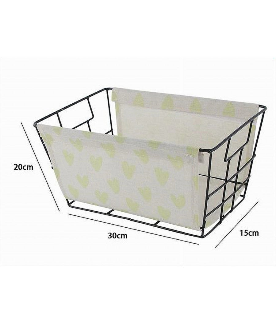 Cesto Porta Oggetti In Ferro Tessuto Stampa Cuori Gialli Manici 30x20x15cm 10617         