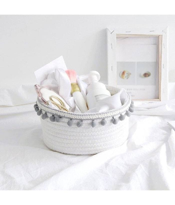 Cesto Porta Oggetti Per Biancheria In Corda Pon Pon Grigi Cestino 22x9.5cm 10670         