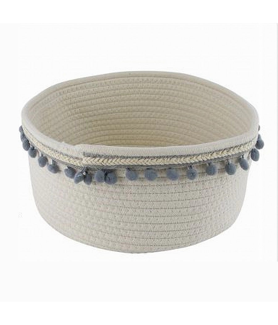 Cesto Porta Oggetti Per Biancheria In Corda Pon Pon Grigi Cestino 30x14 Cm 10671         