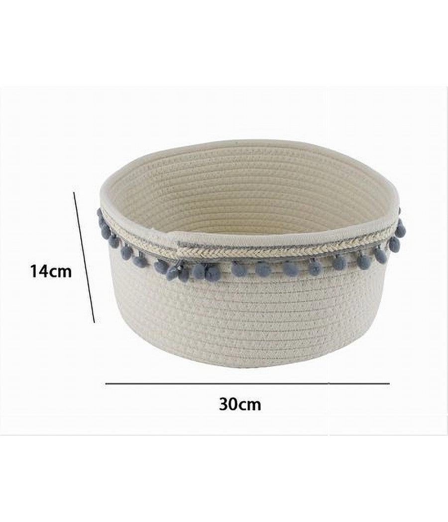 Cesto Porta Oggetti Per Biancheria In Corda Pon Pon Grigi Cestino 30x14 Cm 10671         