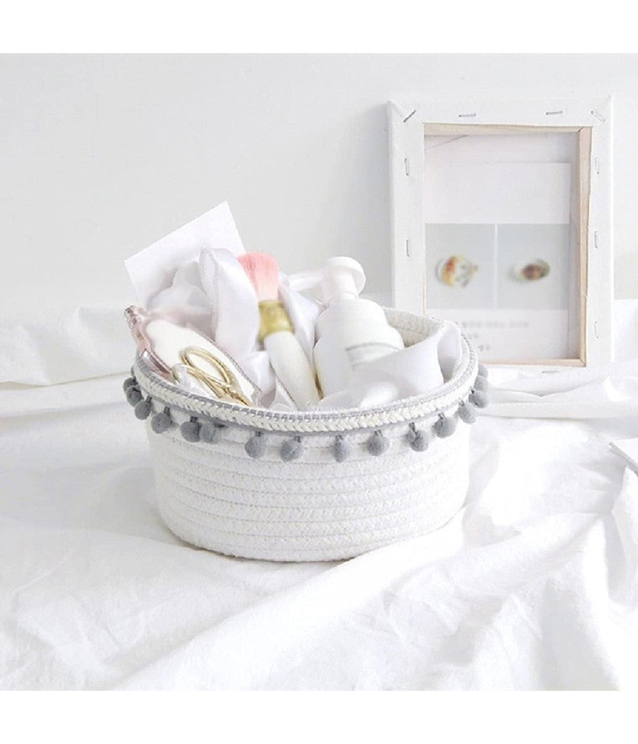 Cesto Porta Oggetti Per Biancheria In Corda Pon Pon Grigi Cestino 30x14 Cm 10671         