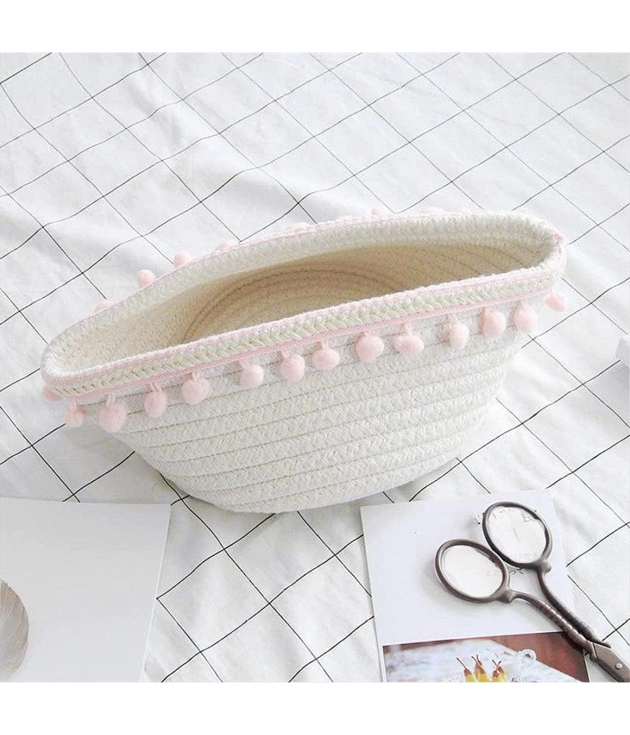 Cesto Porta Oggetti Per Biancheria In Corda Pon Pon Rosa Cestino 22x9.5 Cm 10666         
