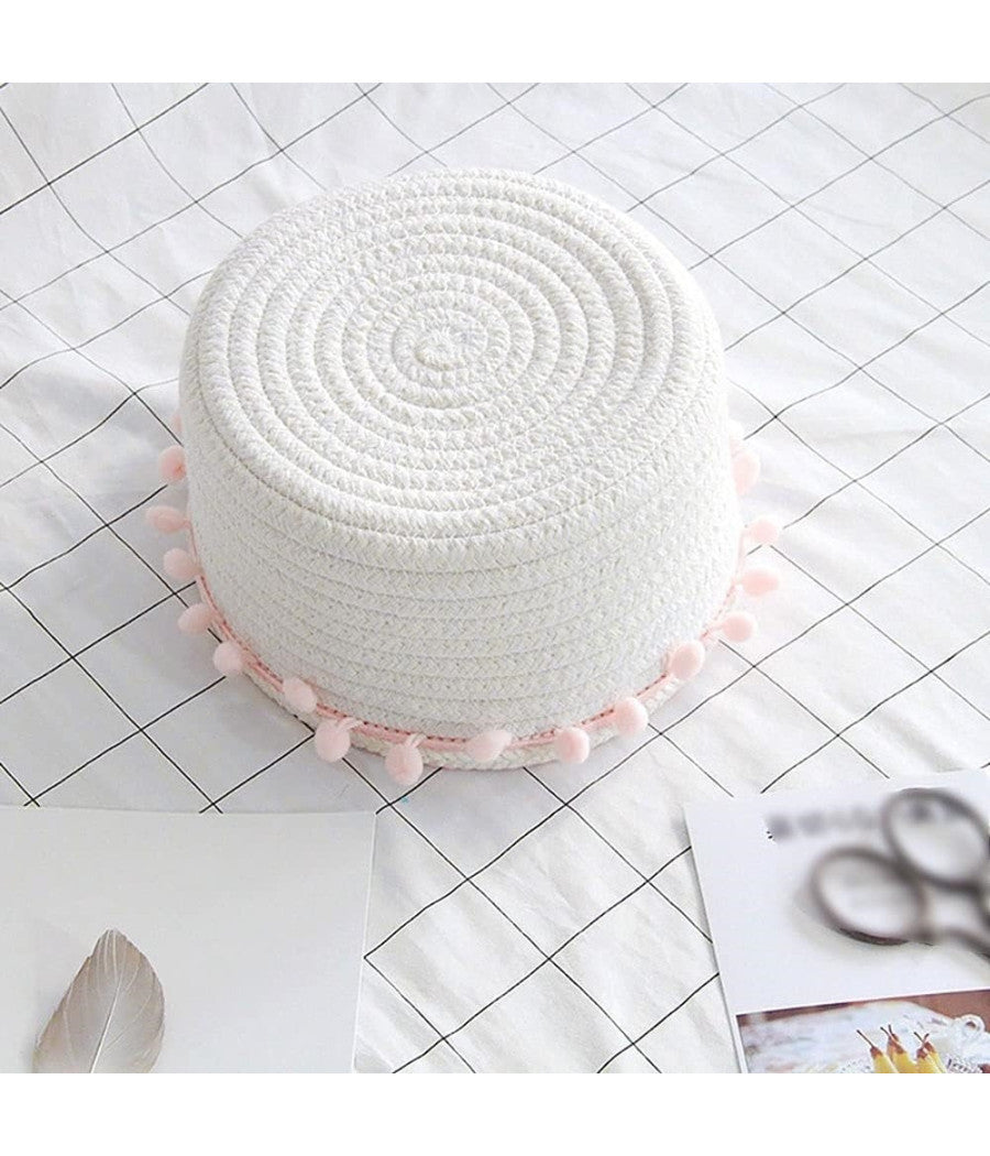 Cesto Porta Oggetti Per Biancheria In Corda Pon Pon Rosa Cestino 22x9.5 Cm 10666         