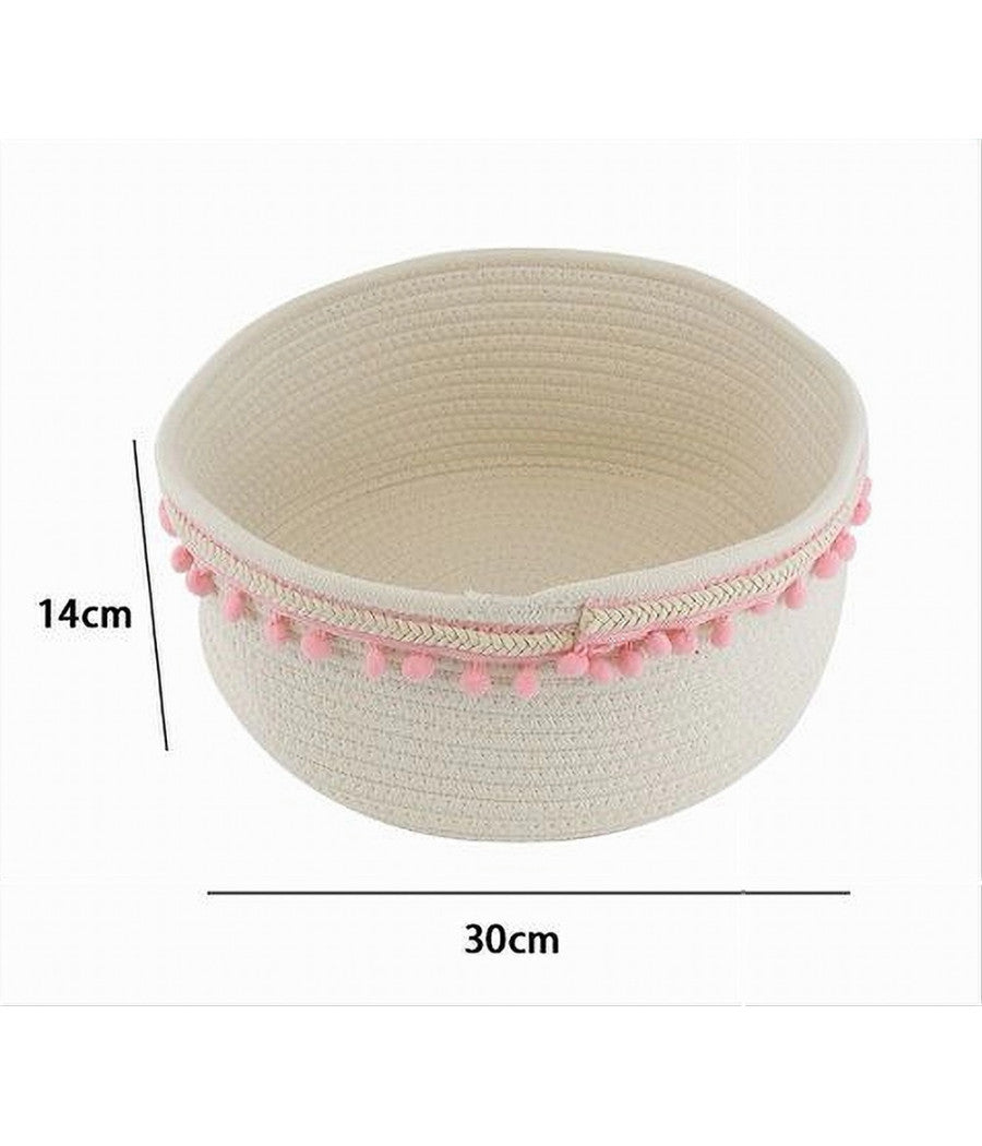 Cesto Porta Oggetti Per Biancheria In Corda Pon Pon Rosa Cestino 30x14 Cm 10667         