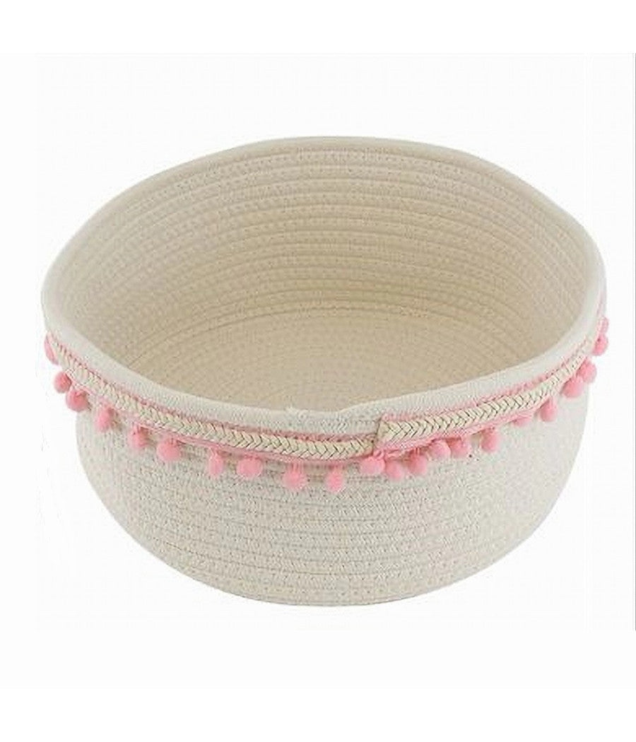 Cesto Porta Oggetti Per Biancheria In Corda Pon Pon Rosa Cestino 30x14 Cm 10667         