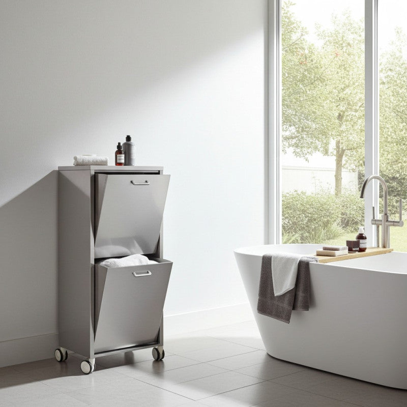 Cesto portabiancheria 2 scomparti con ruote, in acciaio inossidabile, TANGO