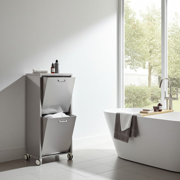 Cesto portabiancheria 2 scomparti con ruote, in acciaio inossidabile, TANGO