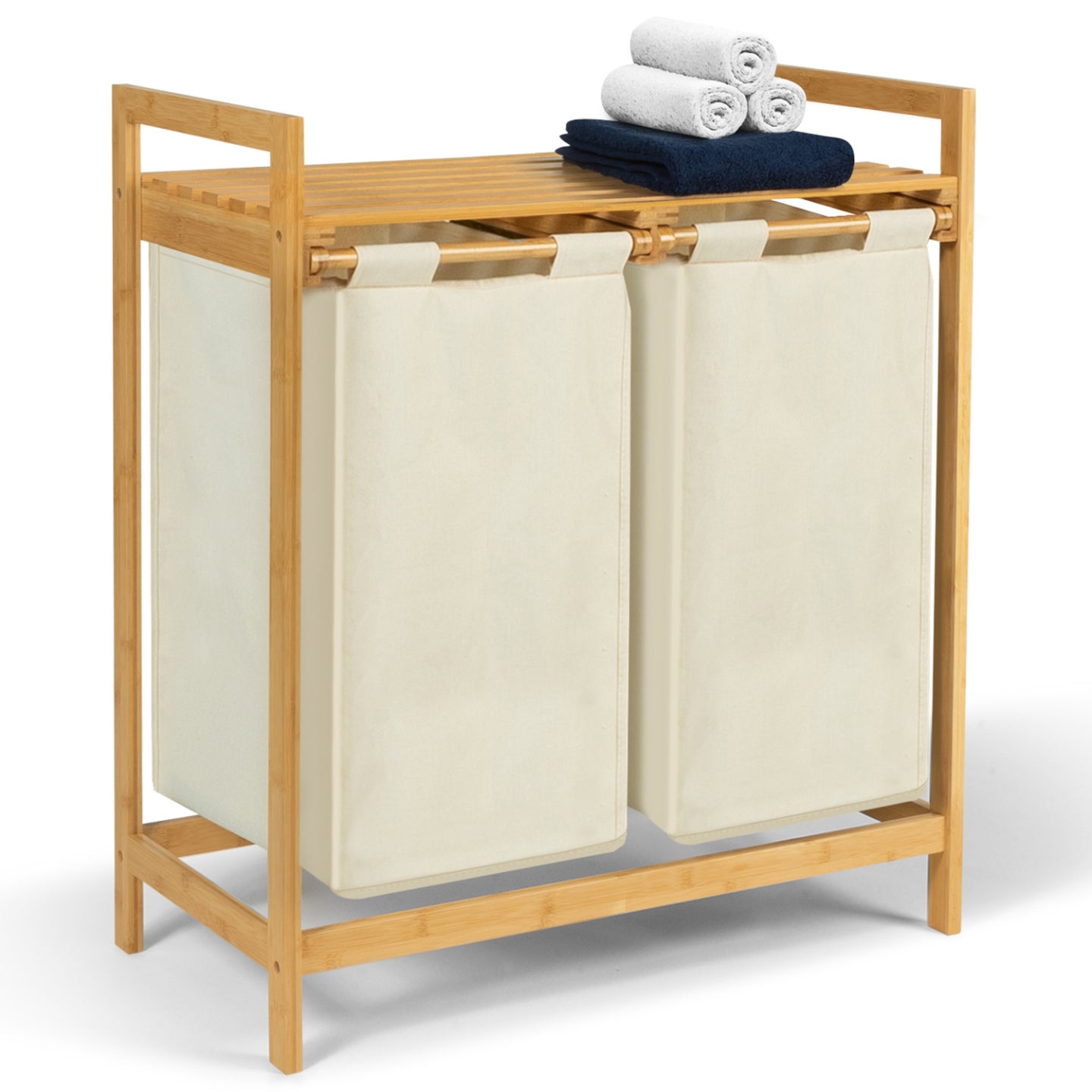 IDMarket - Cesto portabiancheria doppio in bambù BEA in tessuto ecrù