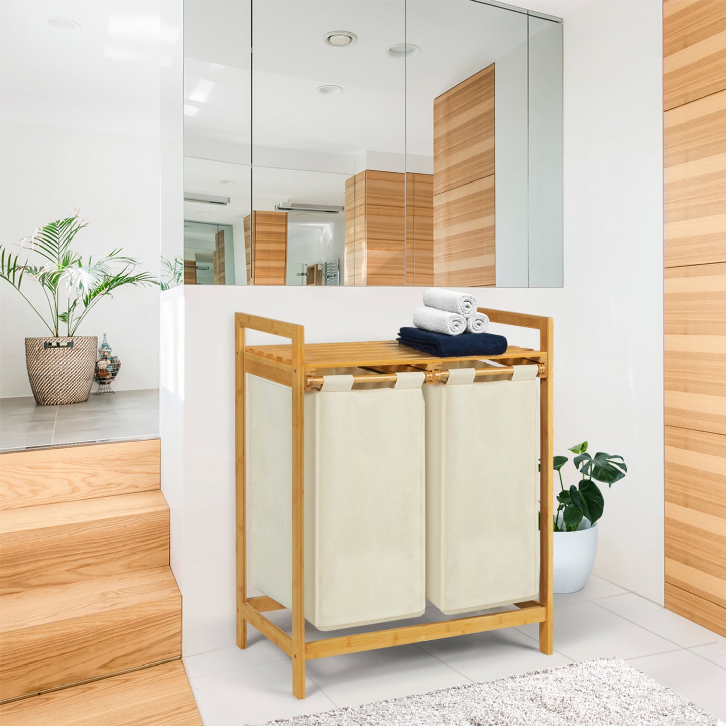 IDMarket - Cesto portabiancheria doppio in bambù BEA in tessuto ecrù