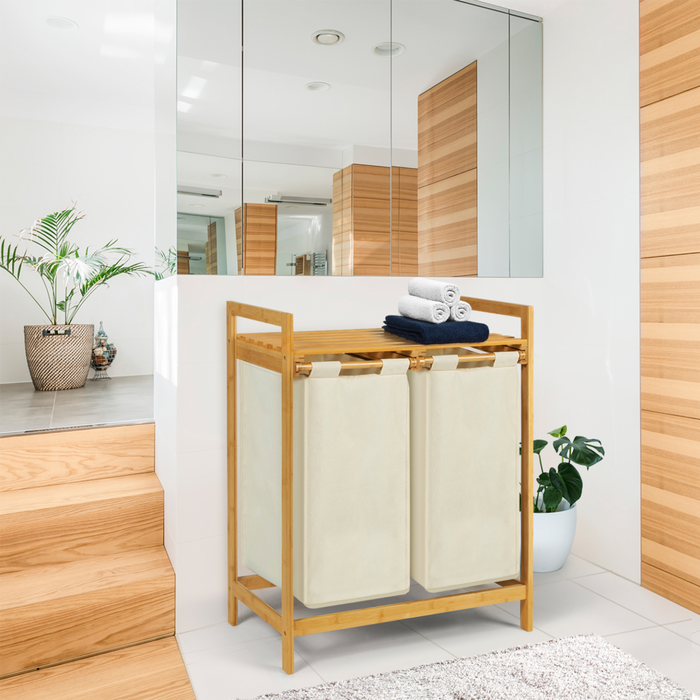 IDMarket - Cesto portabiancheria doppio in bambù BEA in tessuto ecrù