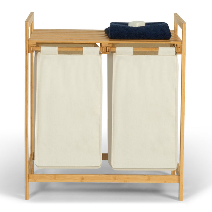 IDMarket - Cesto portabiancheria doppio in bambù BEA in tessuto ecrù