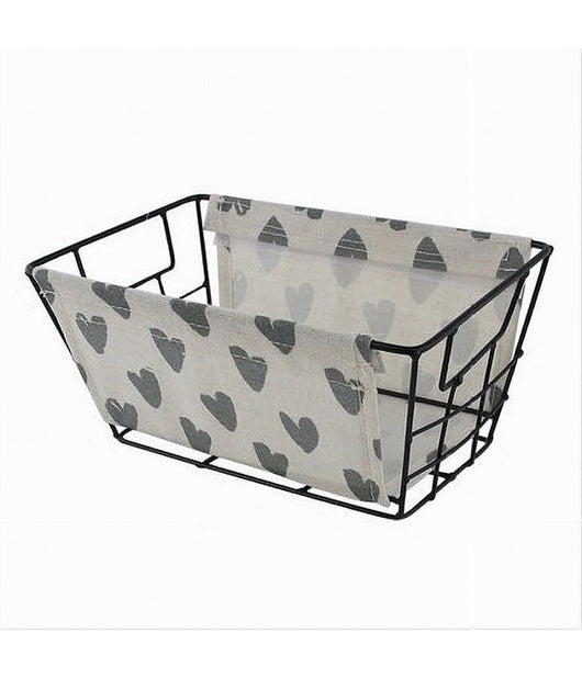 Cesto Portaoggetti In Ferro Tessuto Stampa A Cuori Grigi Manici 25x15x12cm 10616         