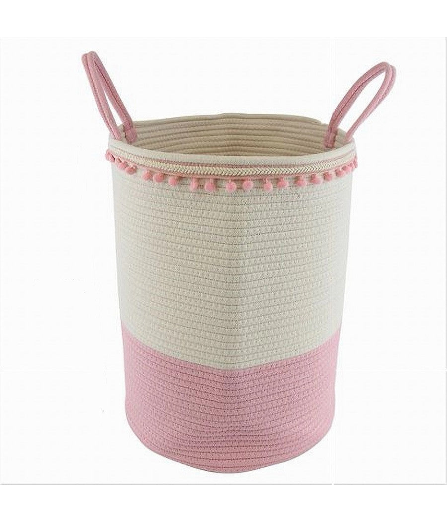 Cesto Portaoggetti Per Biancheria In Corda Pon Pon Rosa Con Manici 35x45cm 10668         