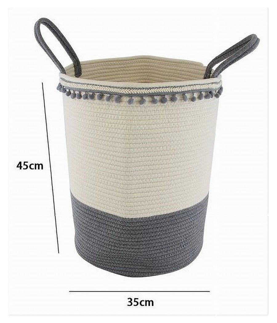 Cesto Portaoggetti Per Biancheria In Corda Ponpon Grigi Con Manici 35x45cm 10672         