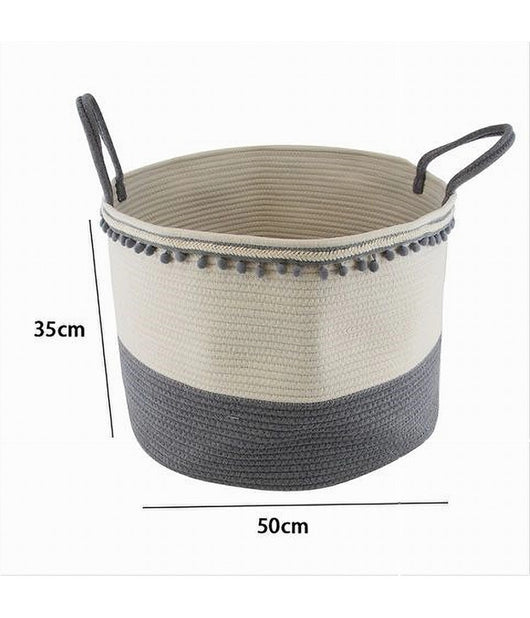 Cesto Portaoggetti Per Biancheria In Corda Ponpon Grigi Con Manici 50x35cm 10673         