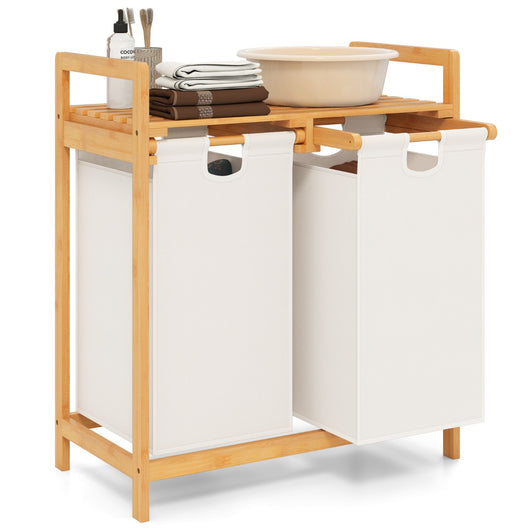 Cesto della biancheria in bamb¨´ con doppio scompartimento, Cesto a 2 sezioni per lavanderia con borse rimovibili Bianco-Cesti del bucato