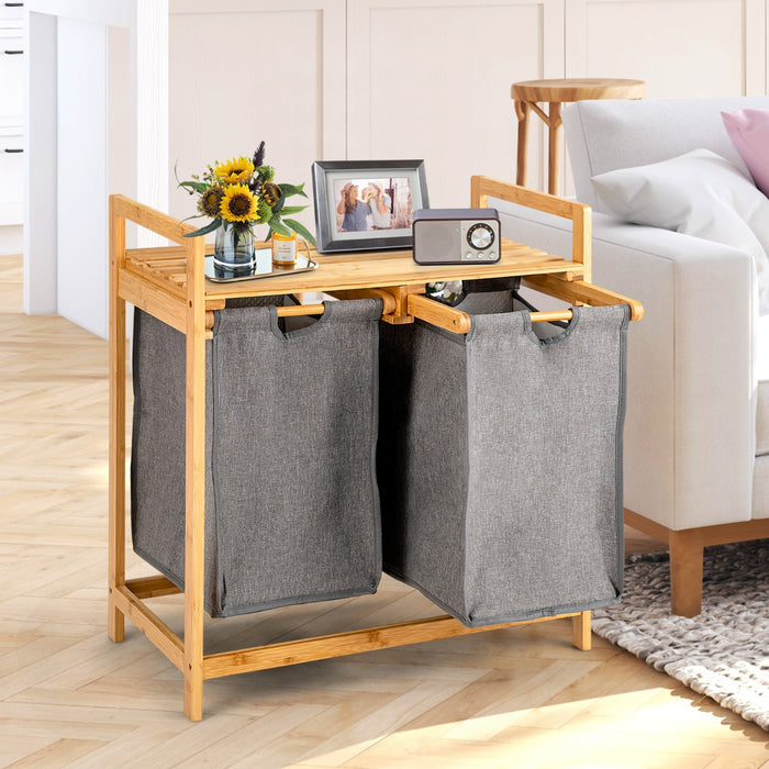 Cesto della biancheria in bamb¨´ con doppio scompartimento, Cesto a 2 sezioni per lavanderia con borse rimovibili-Cesti del bucato