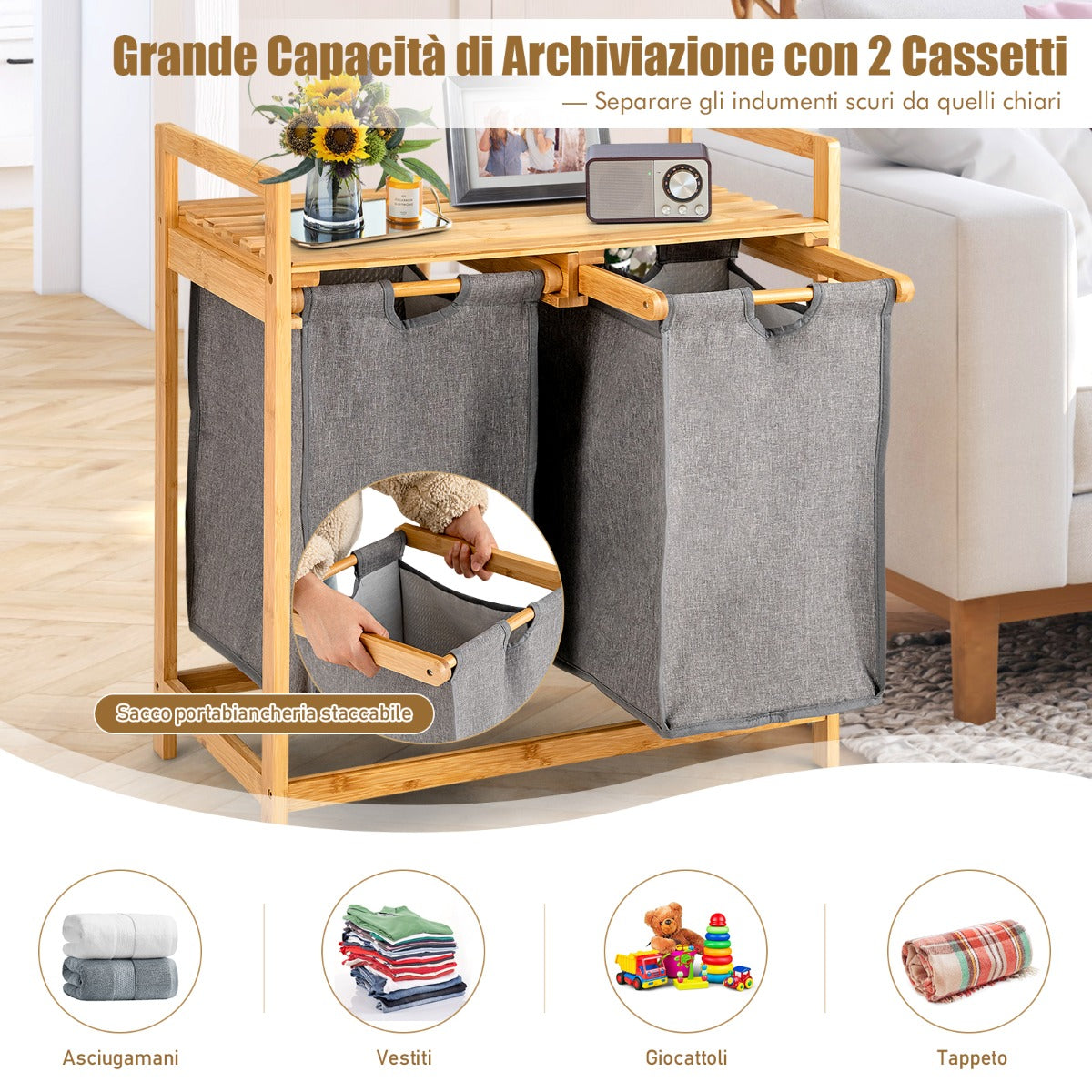 Cesto della biancheria in bamb¨´ con doppio scompartimento, Cesto a 2 sezioni per lavanderia con borse rimovibili-Cesti del bucato
