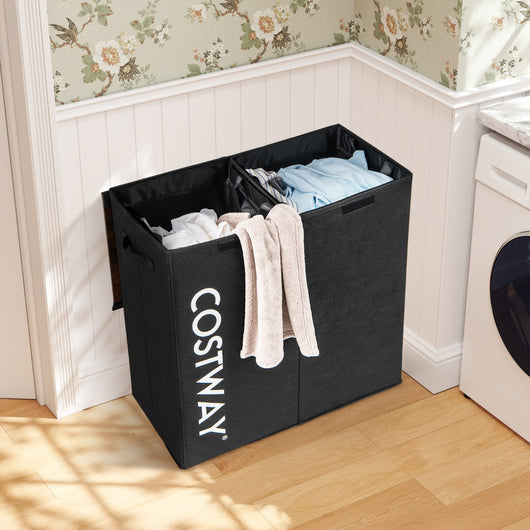 Cesto per la biancheria a 2 sezioni con coperchio, Cesto per biancheria da 105L con 2 sacchetti fodera rimovibili Nero-Cesti del bucato