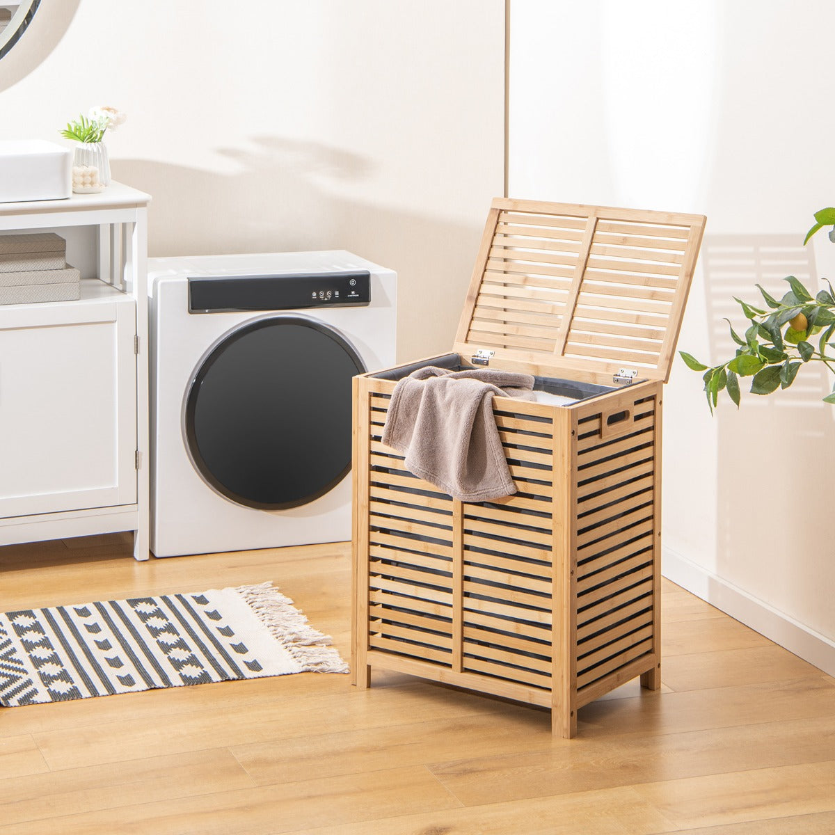 Cesto di bamb¨´ 80 L per lavanderia con borsa rimovibile, Cesto della biancheria sporca con coperchio e maniglie-Cesti del bucato