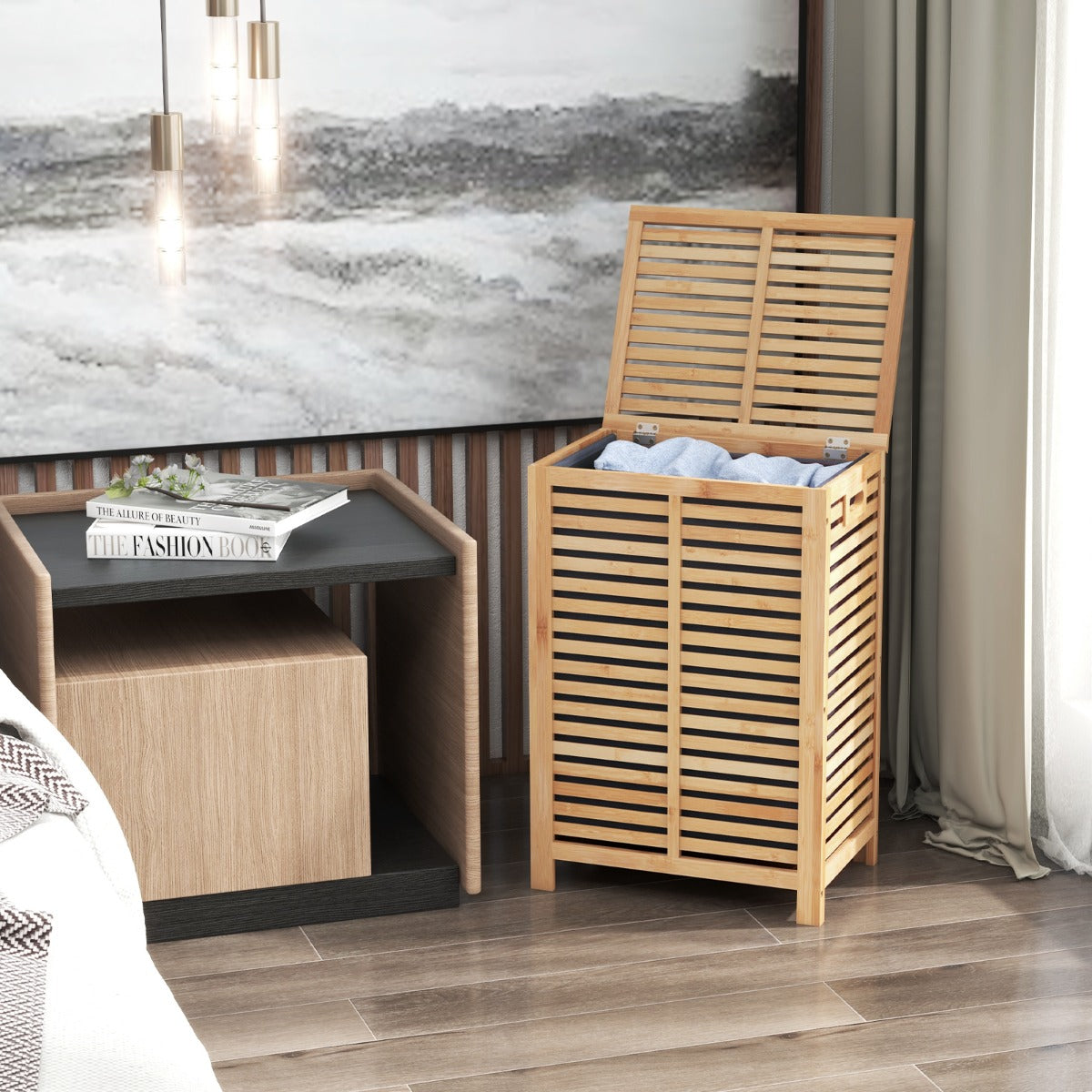 Cesto di bamb¨´ 80 L per lavanderia con borsa rimovibile, Cesto della biancheria sporca con coperchio e maniglie-Cesti del bucato