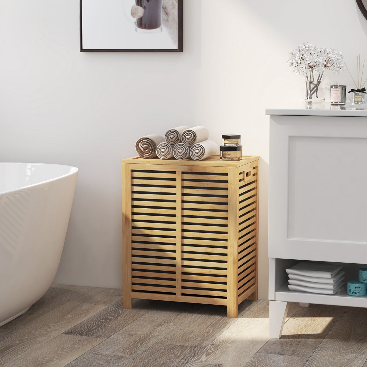 Cesto di bamb¨´ 80 L per lavanderia con borsa rimovibile, Cesto della biancheria sporca con coperchio e maniglie-Cesti del bucato