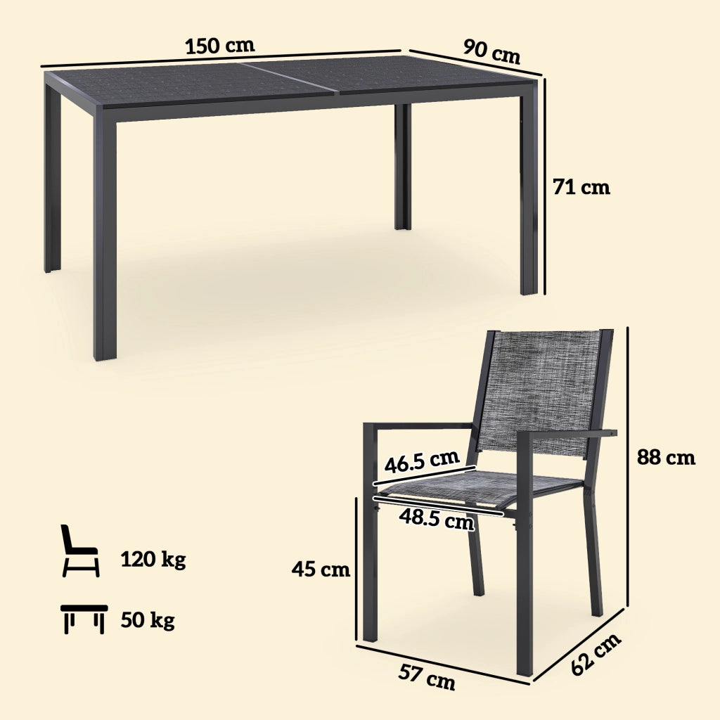 Set da Giardino 7 Pezzi con Tavolo Rettangolare e Sedie Impilabili ¨C zephmum ¨C Grigio e Nero in Acciaio