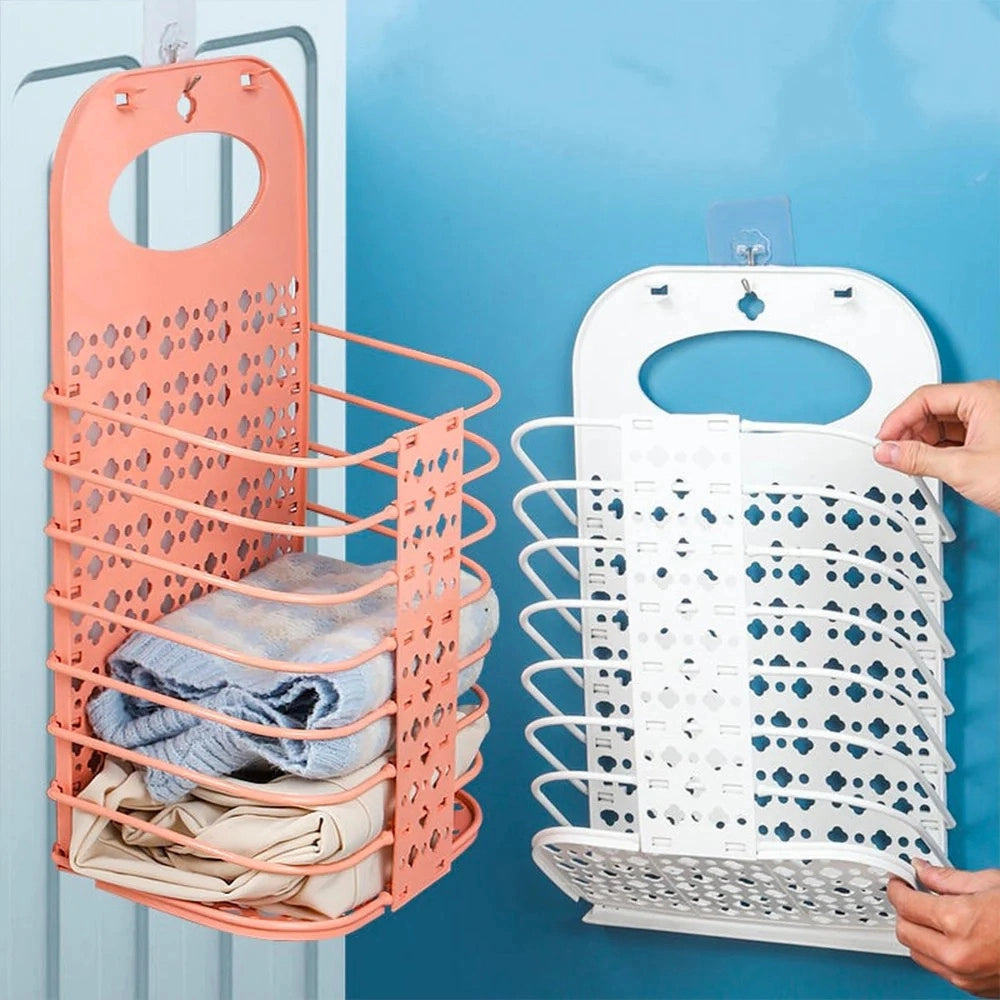 Trade Shop - Cesto Portabiancheria Pieghevole A Parete Salvaspazio Con Manico Camera Soggiorno Bagno -