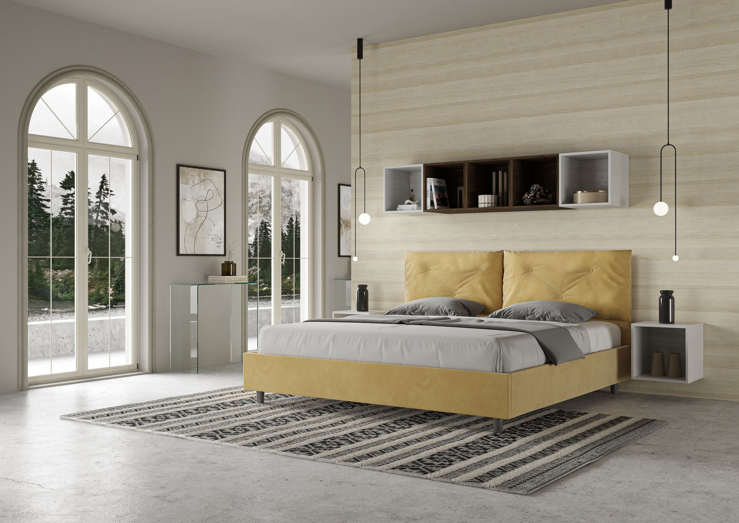 Letto Matrimoniale King Size 200x210 cm con Rete Imbottito in Microfibra Appia Large Ocra