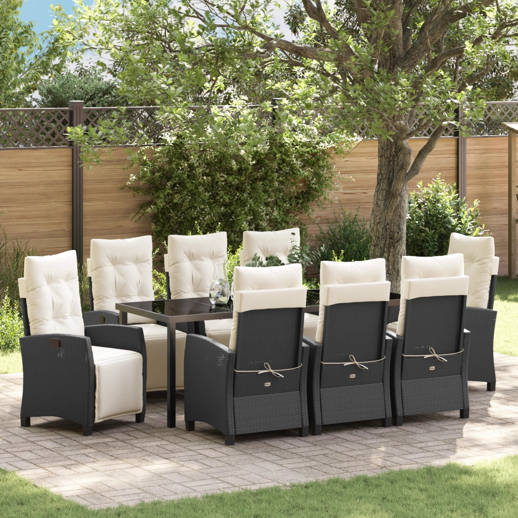 Set da pranzo da giardino da 9 pezzi in polyrattan nero