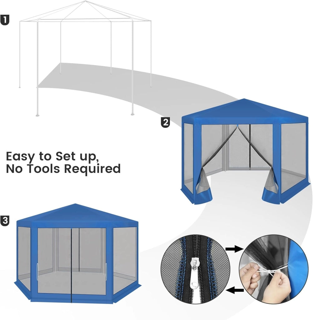 Gazebo da Esterni, Pergolato da Giardino, Gazebo Pieghevole e Impermeabile, con Pareti Laterali a Zanzariera, Esagonale, per Campeggio, Feste, 3,8x3,3m, Blu