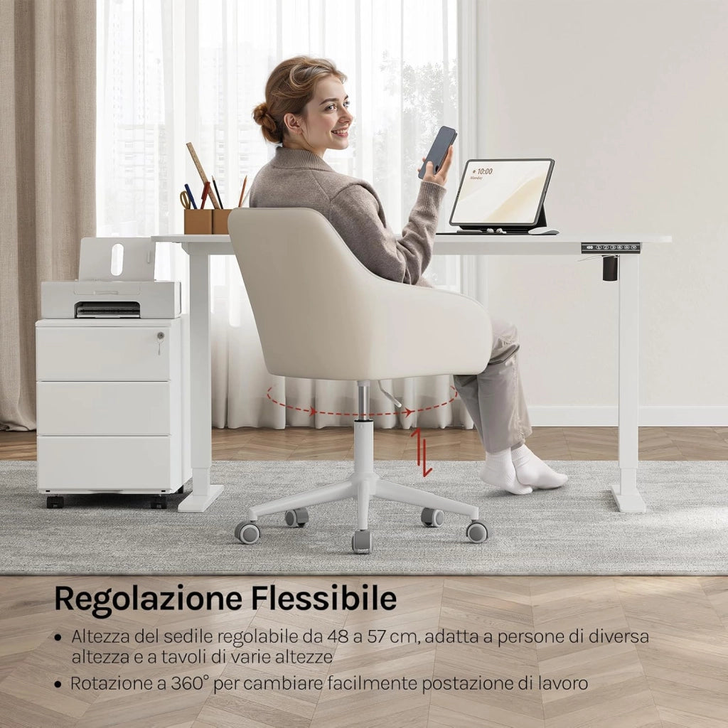 Sedia Ufficio con Braccioli e Rotelle, Poltroncina Regolabile in Altezza Girevole, Sedia da Trucco, Bouclé + PU, Crema+Grigio BS175grcm