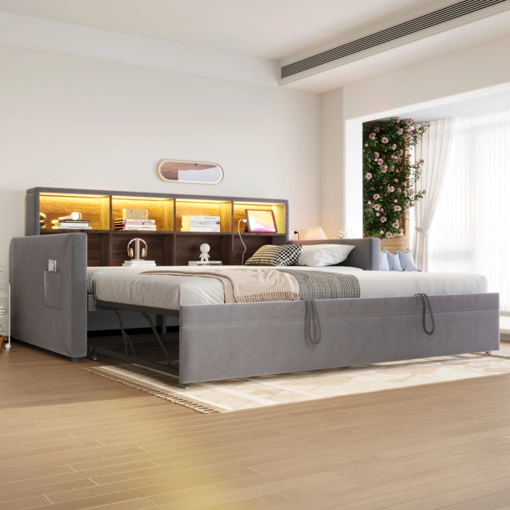 Divano letto imbottito 90x190 cm con contenitore, LED e prese integrati