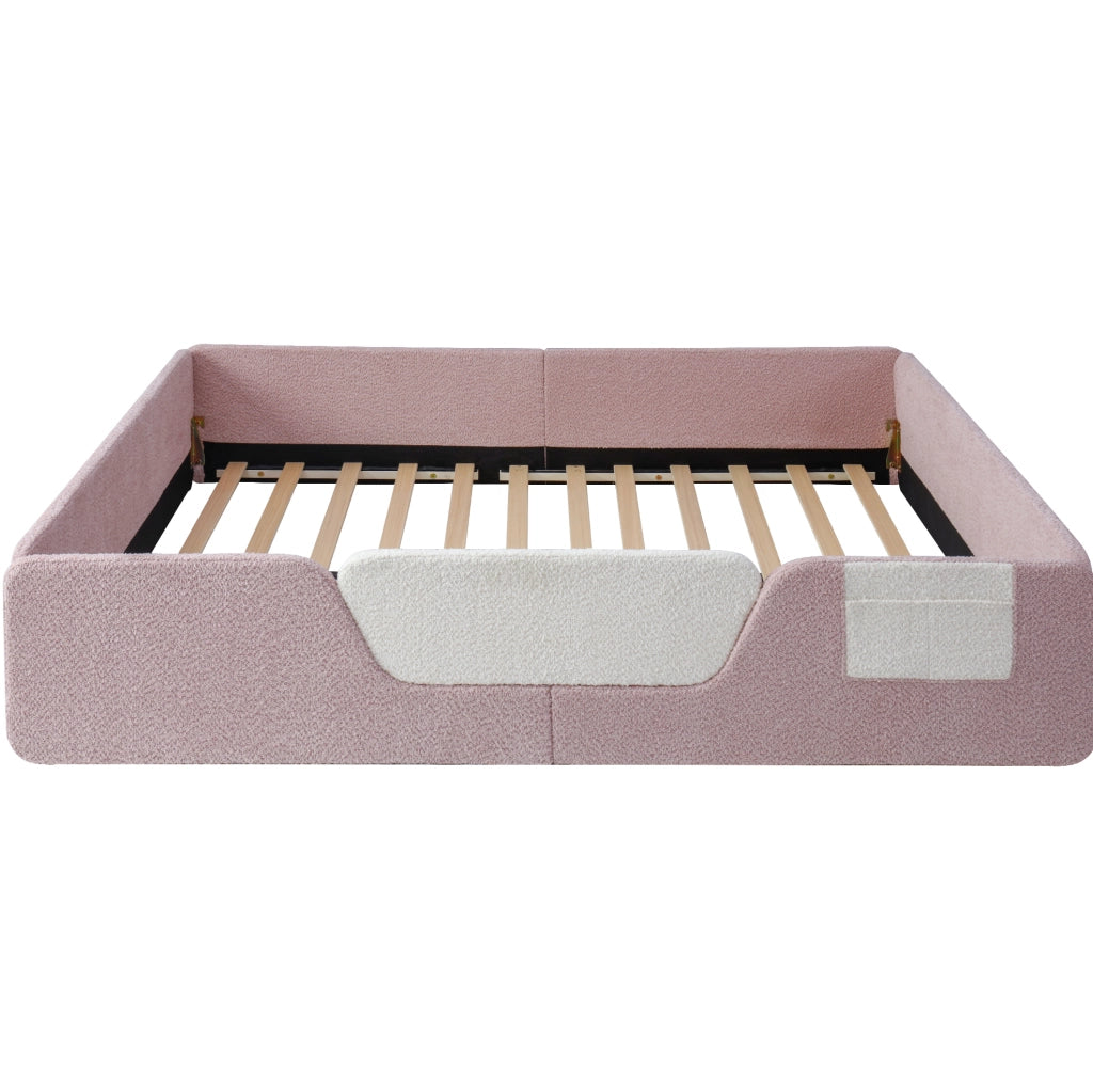 Letto imbottito 140x190 cm con sponde rimovibili e tasca laterale in velluto rosa