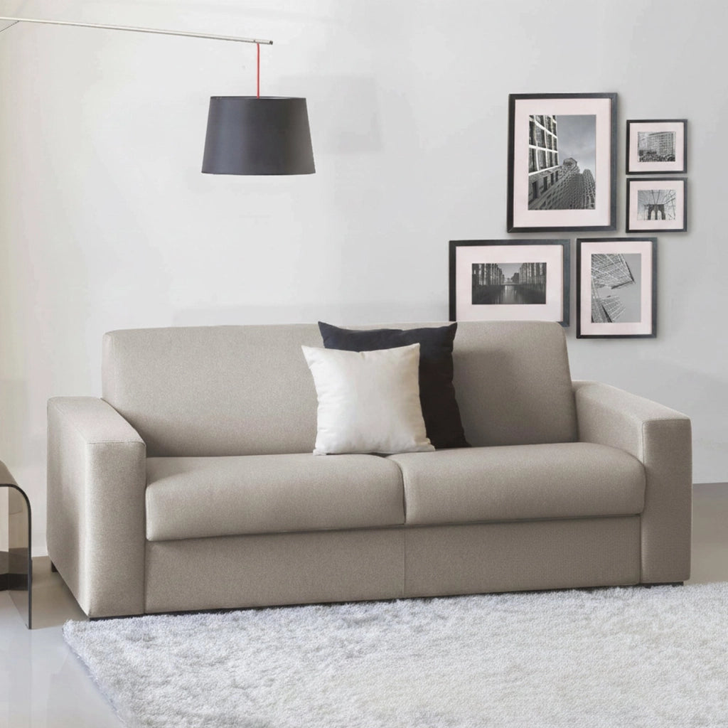 Divano Letto Alcatraz, Divano a 2 posti, Made in Italy, SofÒ  Soggiorno con apertura girevole, in tessuto imbottito, con Braccioli slim, cm 160x95h90, Tortora