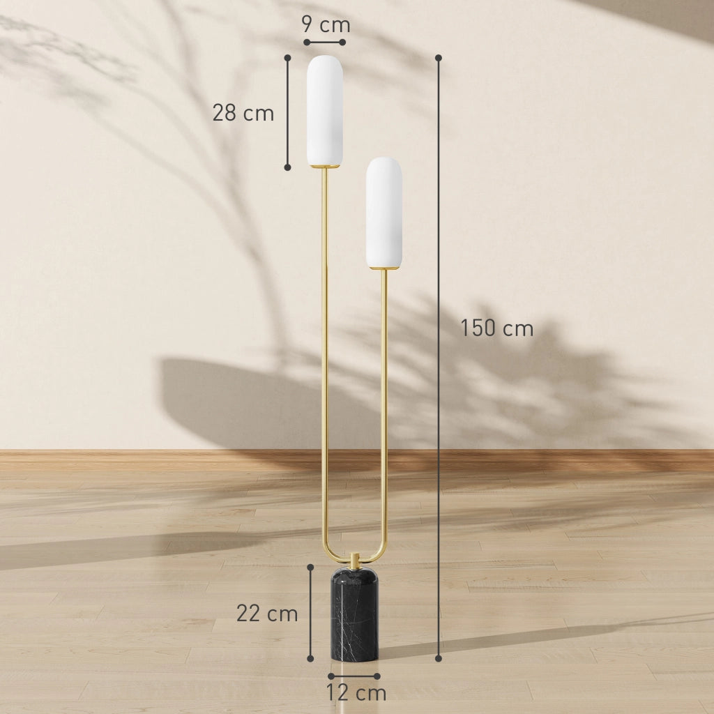 Lampada da terra ¨C Minimal ¨C base in marmo, 2 paralumi in vetro, interruttore a pedale, bianco