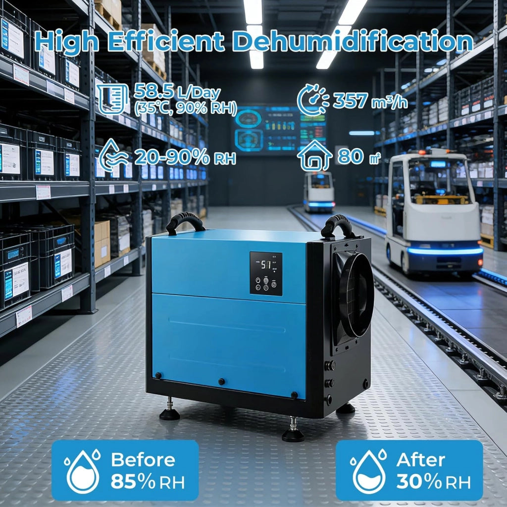 Deumidificatore Elettrico 58,5 L/Giorno, 357 m³/H, Deumidificatore Professionale 3 Modalità, Tubo di Scarico, Filtro Rimovibile, per Cantine, Magazzini, Scantinati (Blu, 52 X 35,5 X 35 CM)