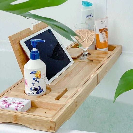 Pannello da bagno in bambù estensibile - caddy da bagno per libreria, iPad, telefono, vetro, candela - supporto antiscivolo regolabile - accessorio da bagno di lusso