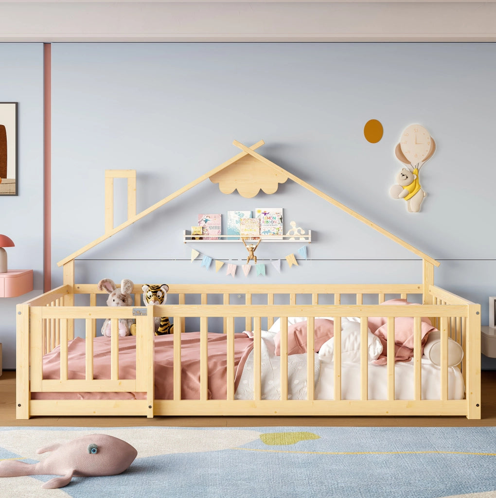 Letto per bambini a casetta 90x190 cm in pino naturale con sponda