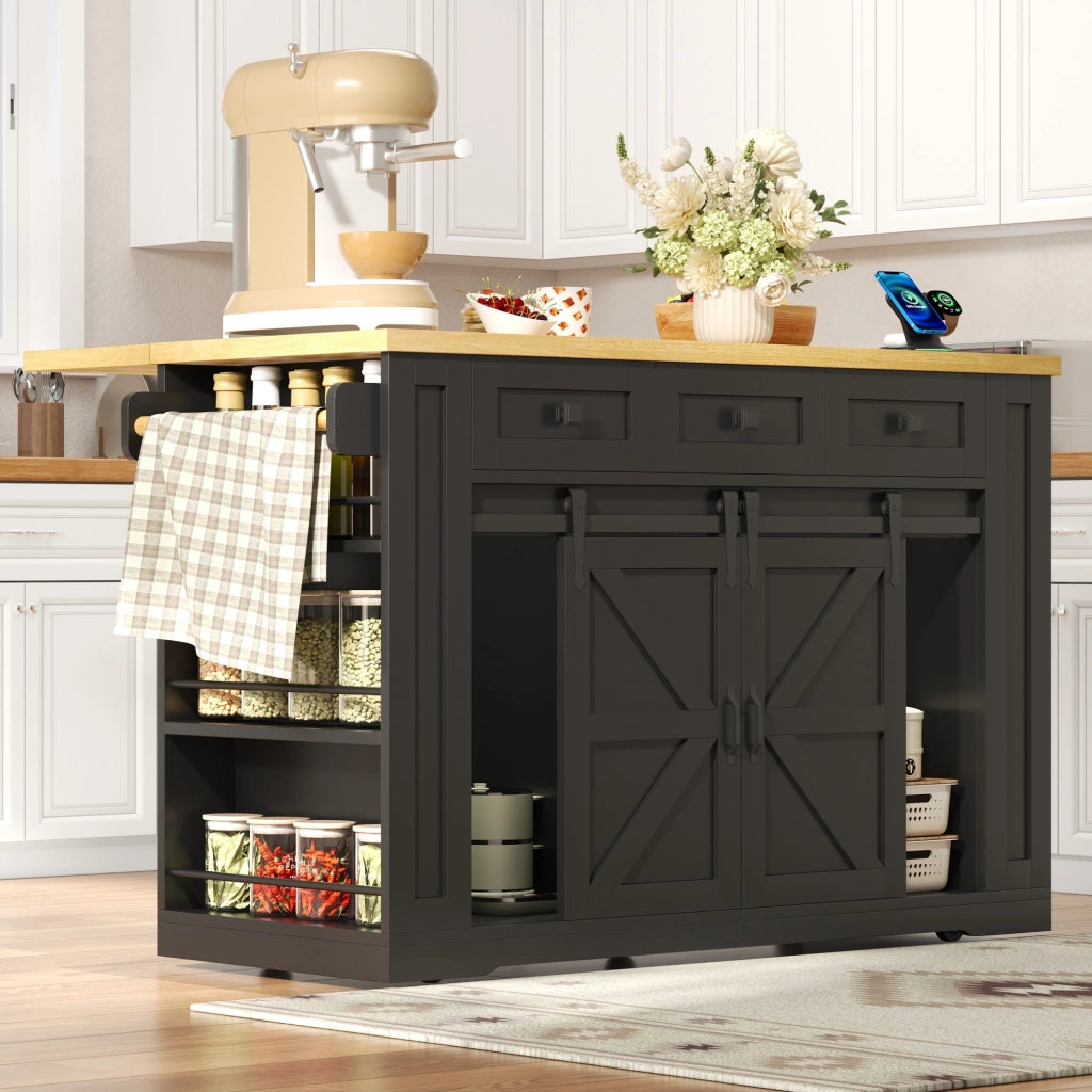 Carrello da cucina con piano pieghevole, 3 cassetti, prese integrate e ripiani, per cucina, 130 × 50 × 87 cm