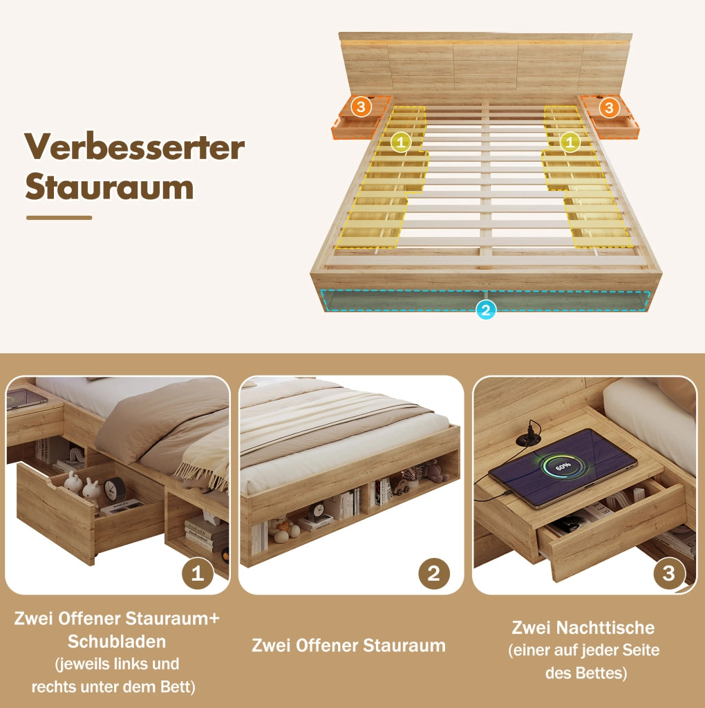 Letto matrimoniale contenitore in MDF naturale con LED; USB e USB-C; con comodini integrati