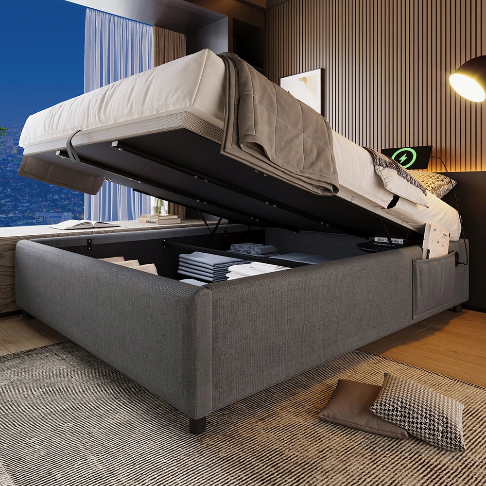 Letto a cassone imbottito 160x200 cm - Xylo - Grigio, USB-C, senza testiera