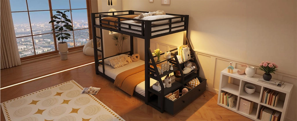 LETTO A CASTELLO 90x200 cm in metallo e legno, nero, con LED e 2 cassetti in tessuto