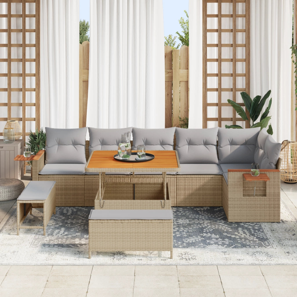 Set Divano da Giardino 9 Pezzi con Cuscini Beige Rattan Poliacacia