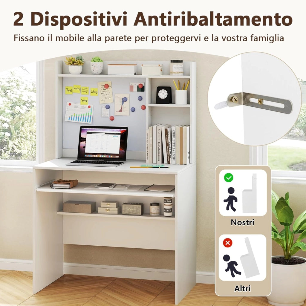 Scrivania per Computer Bianca, Scrivania con Lavagna Magnetica, Ripiani Regolabili e Vassoio per Tastiera, Scrivania Salvasapzio per Ufficio e Casa, 89 x 50 x 138 cm
