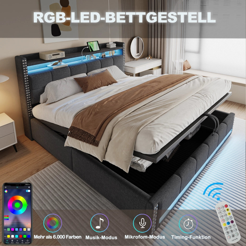 LETTO Imbottito 180x200 cm Grigio in Tessuto Lino con LED, USB e contenitore
