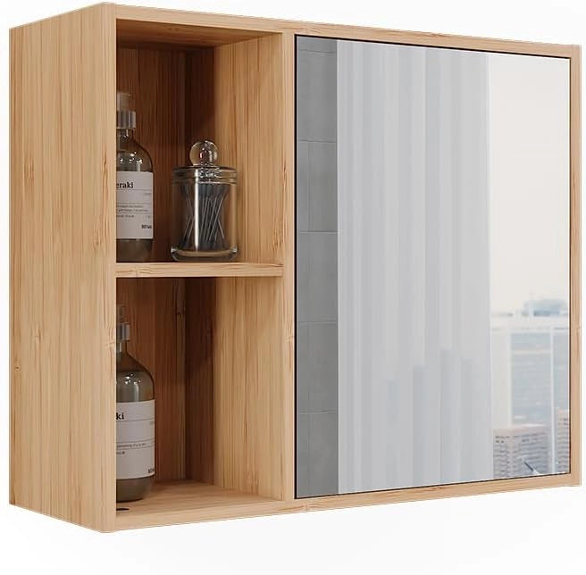 Mobile a specchio per il bagno Lucie, Bambù, 54 x 44.5 cm con specchio, adatto per la conservazione salvaspazio di accessori da bagno