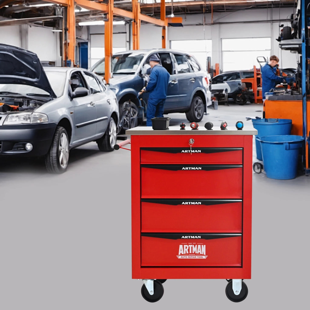Carrello portautensili con 4 cassetti 4 ruote e serratura per garage e officina in acciaio rosso e nero 62.5 × 34.5 × 78 cm