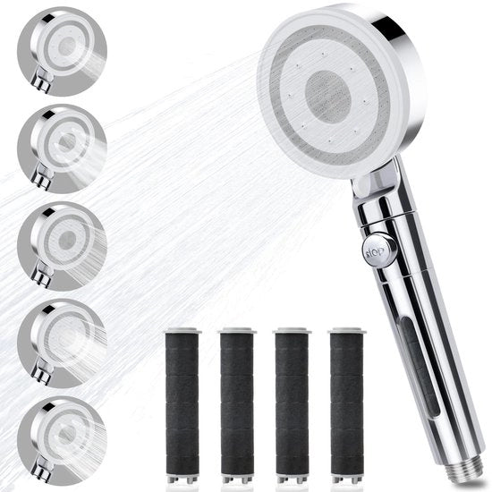 Douchekop con 4 filtri PP, economizzatore di acqua con funzione di arresto e 5 tipi di getto, doccia a muro per uso universale, doccia a mano per adulti, bambini e animali domestici (acciaio inox)